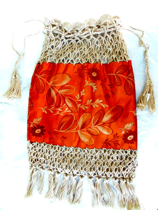Antiquities Couture Handbags - Vtg Art Deco Orange Taffeta Crochet Evening Bag Drawstring Fringed Novelty Purse